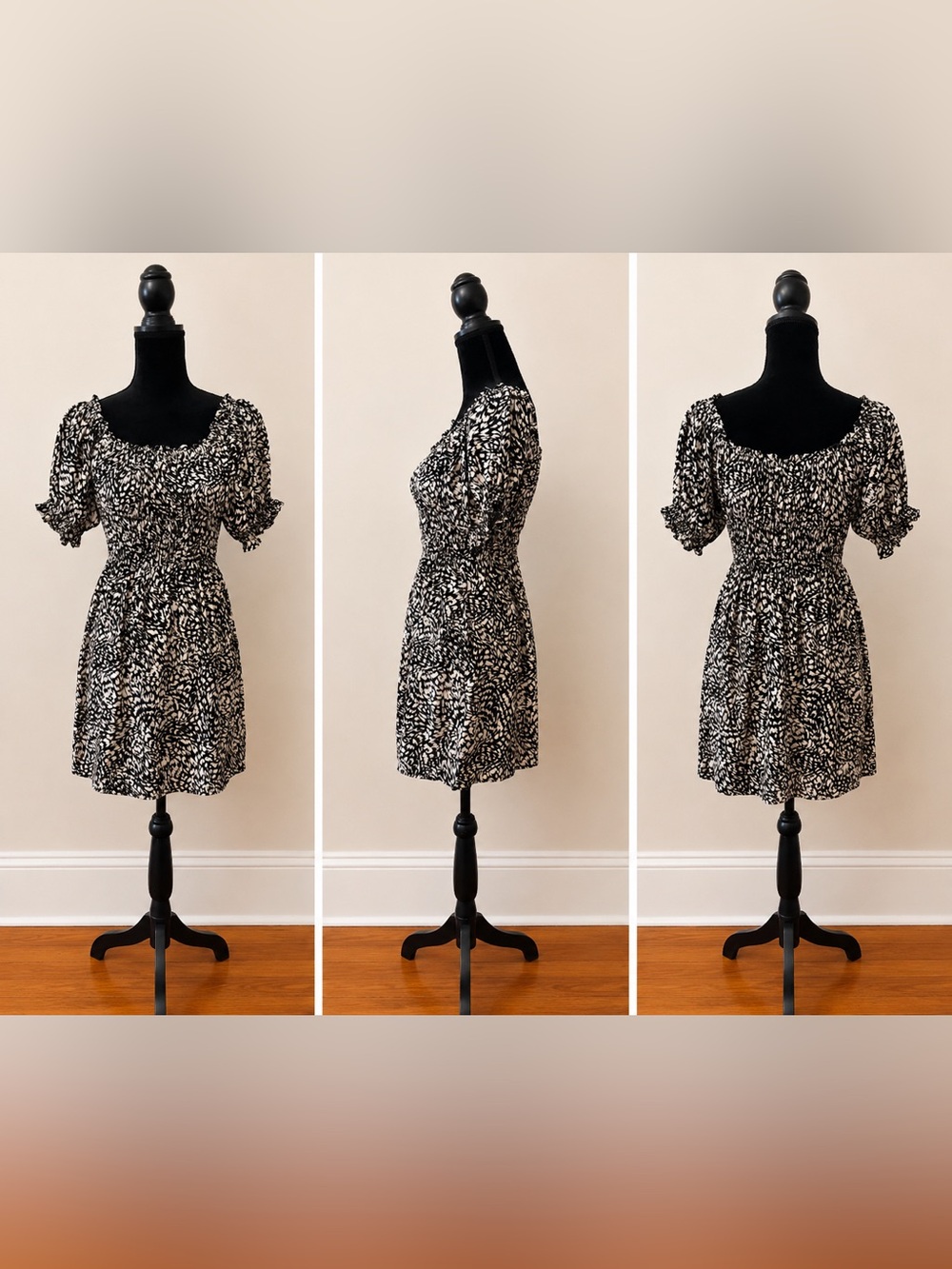 H&M Black and White Printed Puff-Sleeve Mini Dress